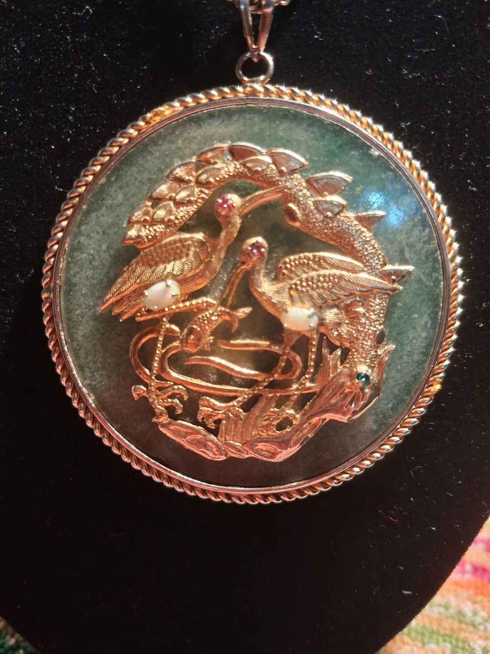Vtg Chinese Jade Opal Ruby Sapphire Big Gold Filled Pendant